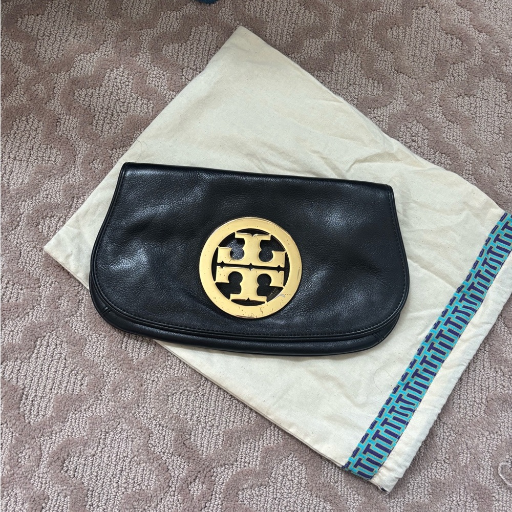 Tory Burch Black Leather Clutch with Gold Emblem